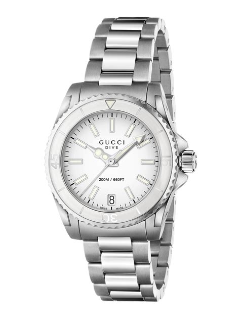 gucci womens dive stainless steel bracelet watch silver white|Gucci g class ladies watch.